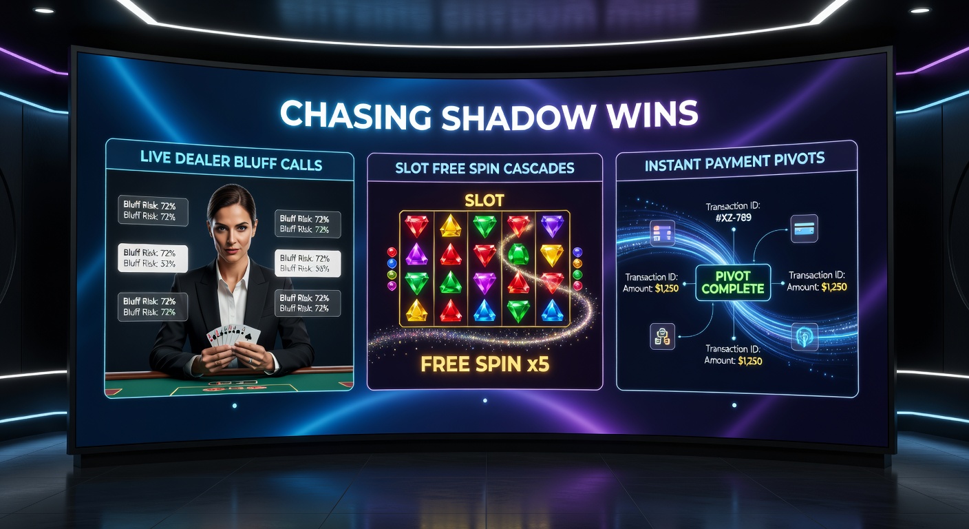 Cascade of free spins on a mobile slot screen transitioning to a live dealer bluff and payout confirmation
