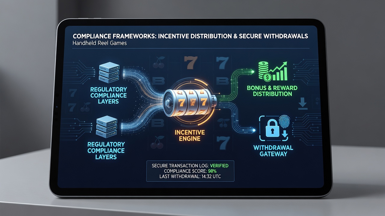 Secure backend dashboard showing compliance checkpoints for handheld reel game transactions