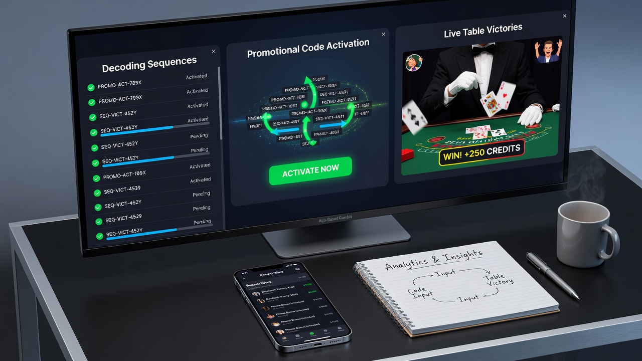 Live dealer table interface on a smartphone screen displaying game outcomes and balance updates after promotional code use