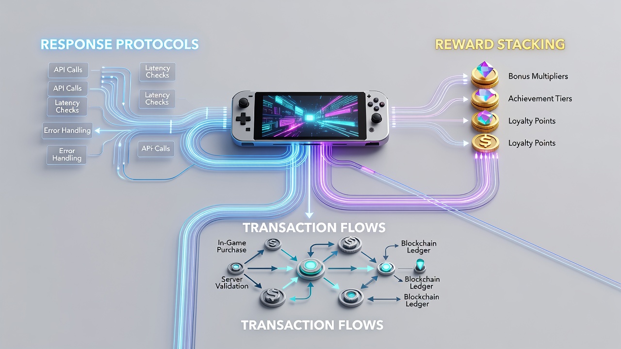 Diagram showing response protocols connecting reward systems and transaction processes in mobile gaming apps