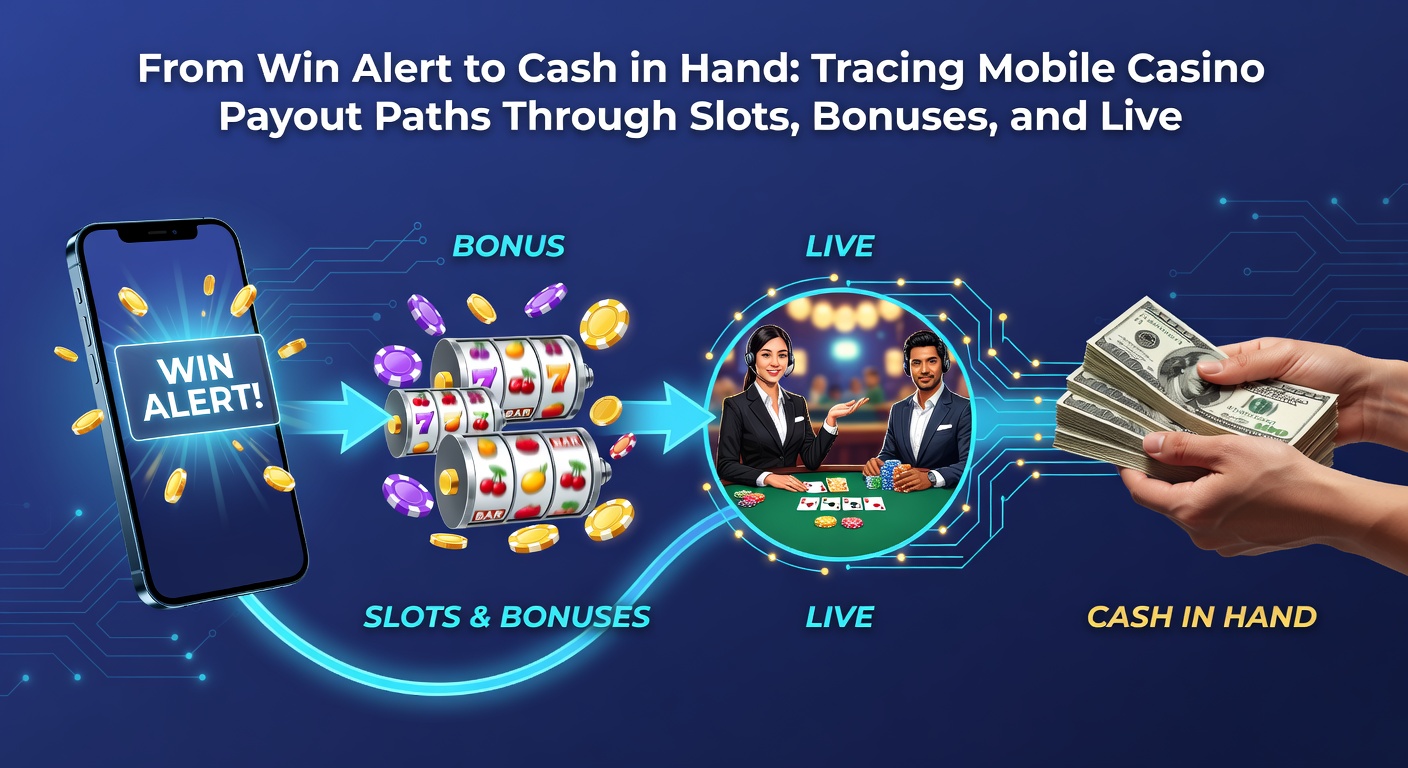 Illustration of a payout flowchart from mobile casino win notification through verification to bank deposit