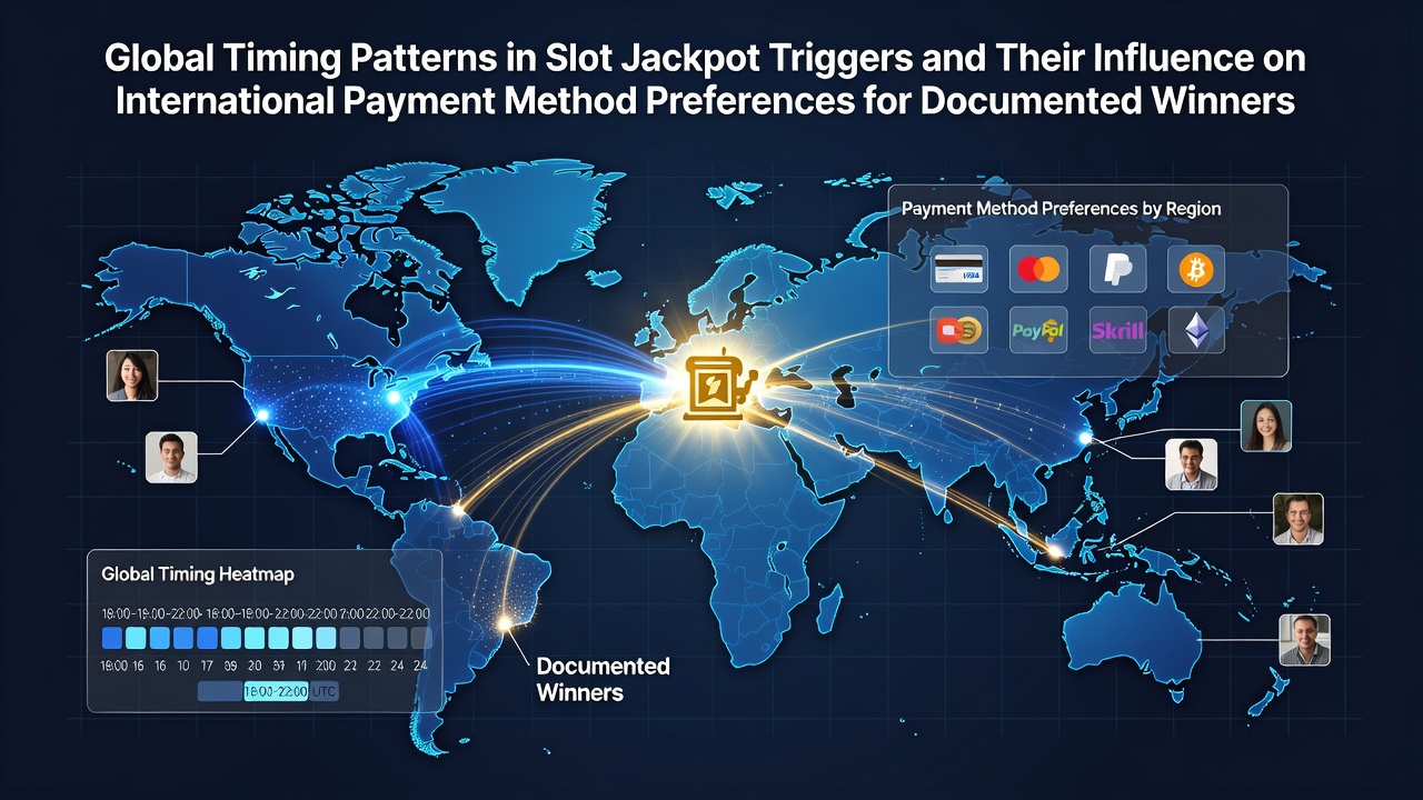 Global map illustrating slot jackpot trigger timings across international time zones with data overlays