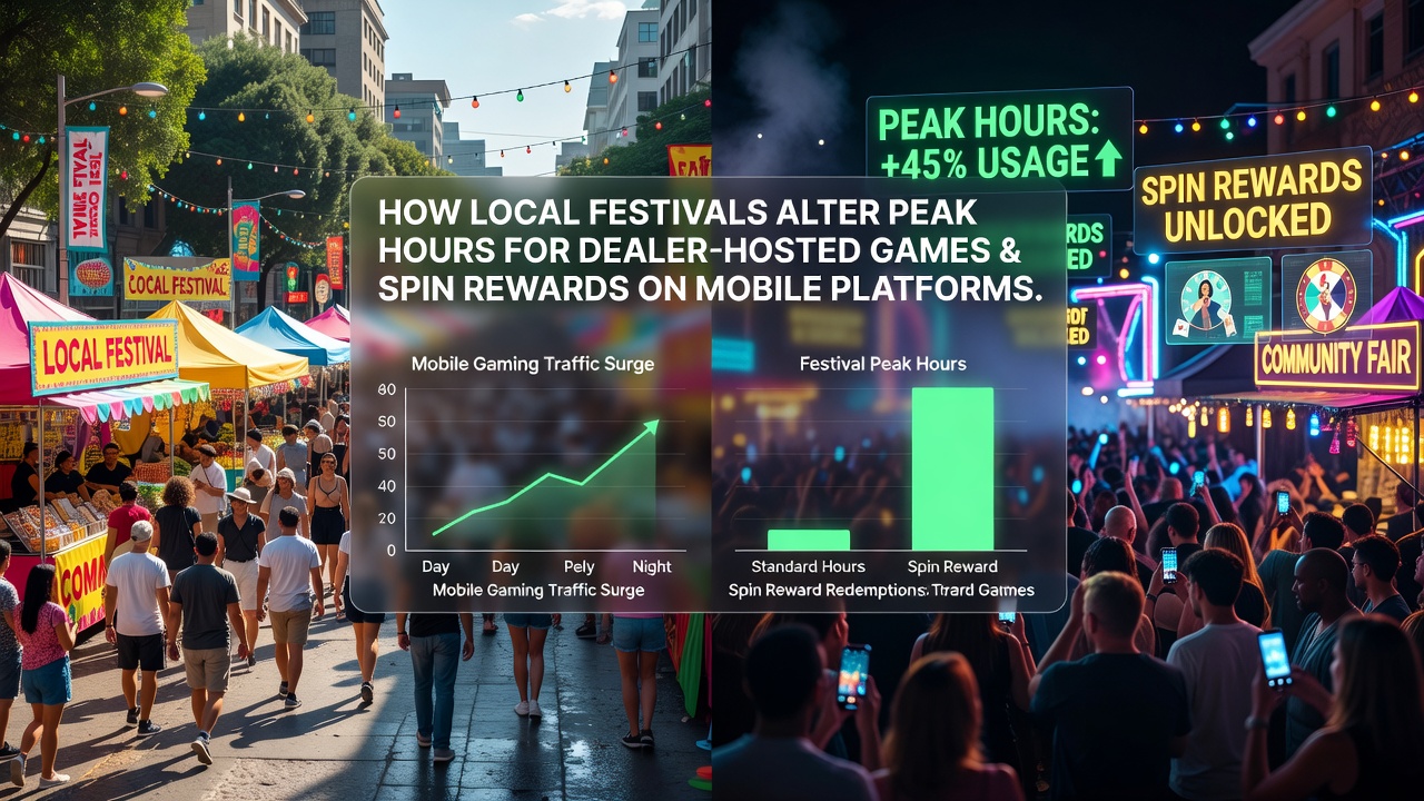 Mobile casino interface showing live dealer tables and slot spins during festival periods