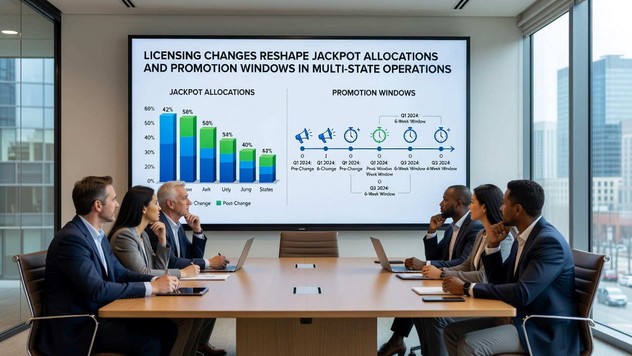 Casino operations dashboard displaying synchronized promotion calendars and jackpot contribution meters across state boundaries