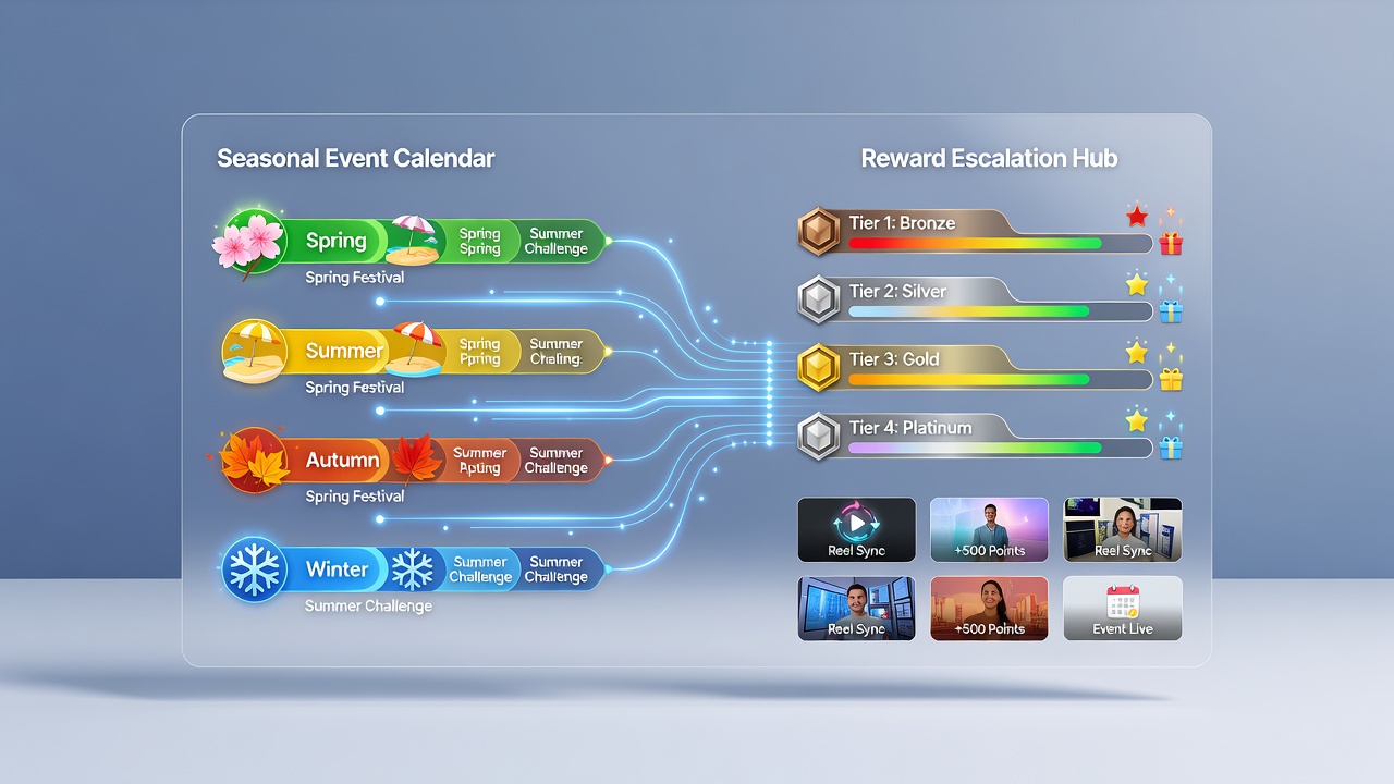Seasonal event calendar interface displayed on a mobile reel app showing timed reward tiers