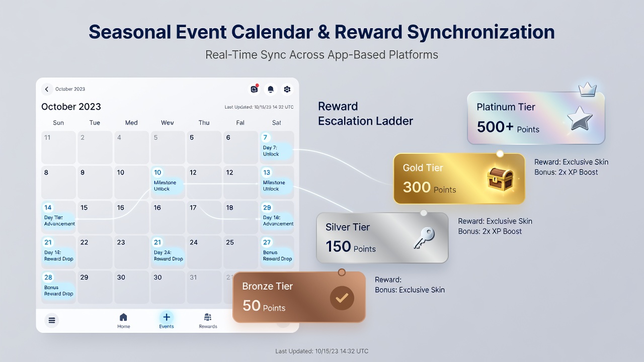 Mobile app dashboard illustrating tiered reward escalation synced to seasonal calendar events