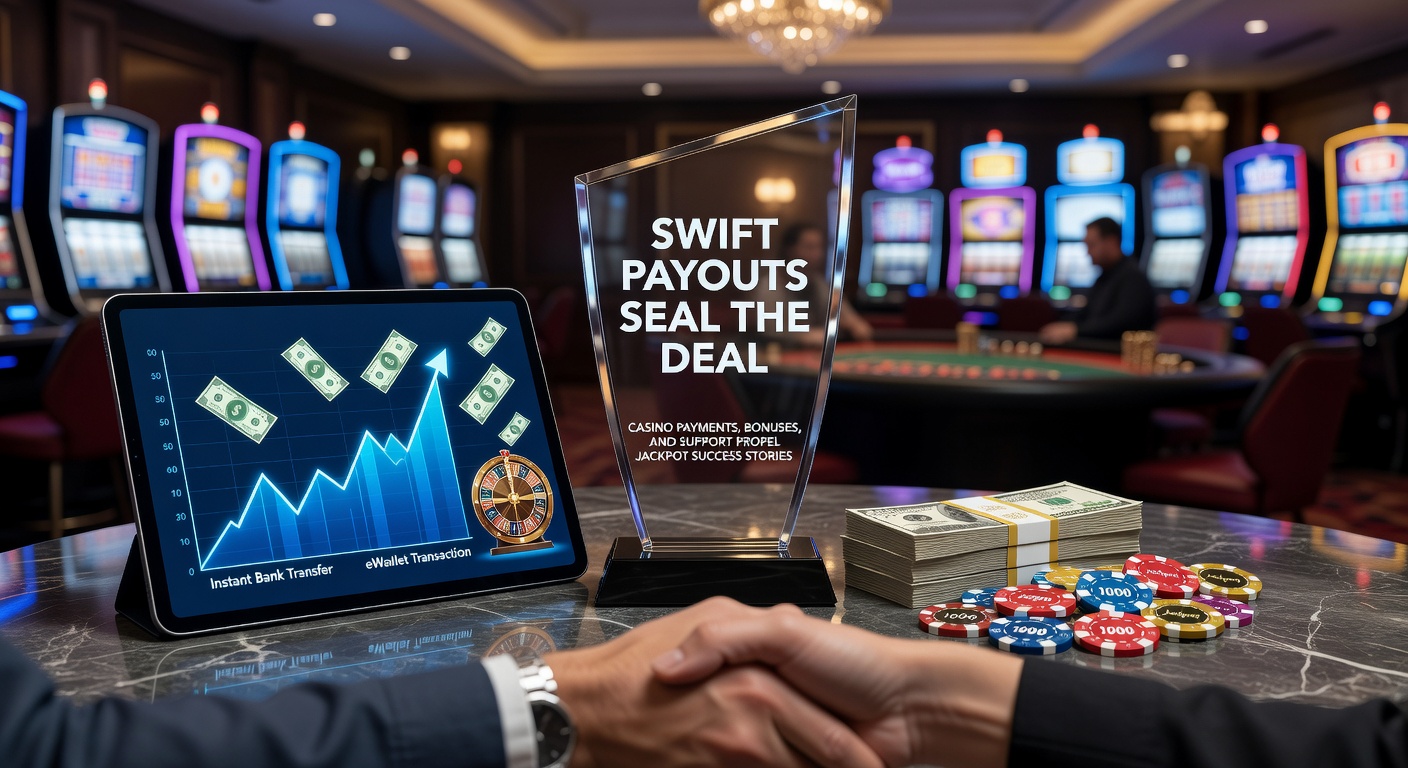 Vibrant illustration of a jackpot win notification on a mobile screen transitioning to swift payout confirmation, highlighting seamless casino transactions